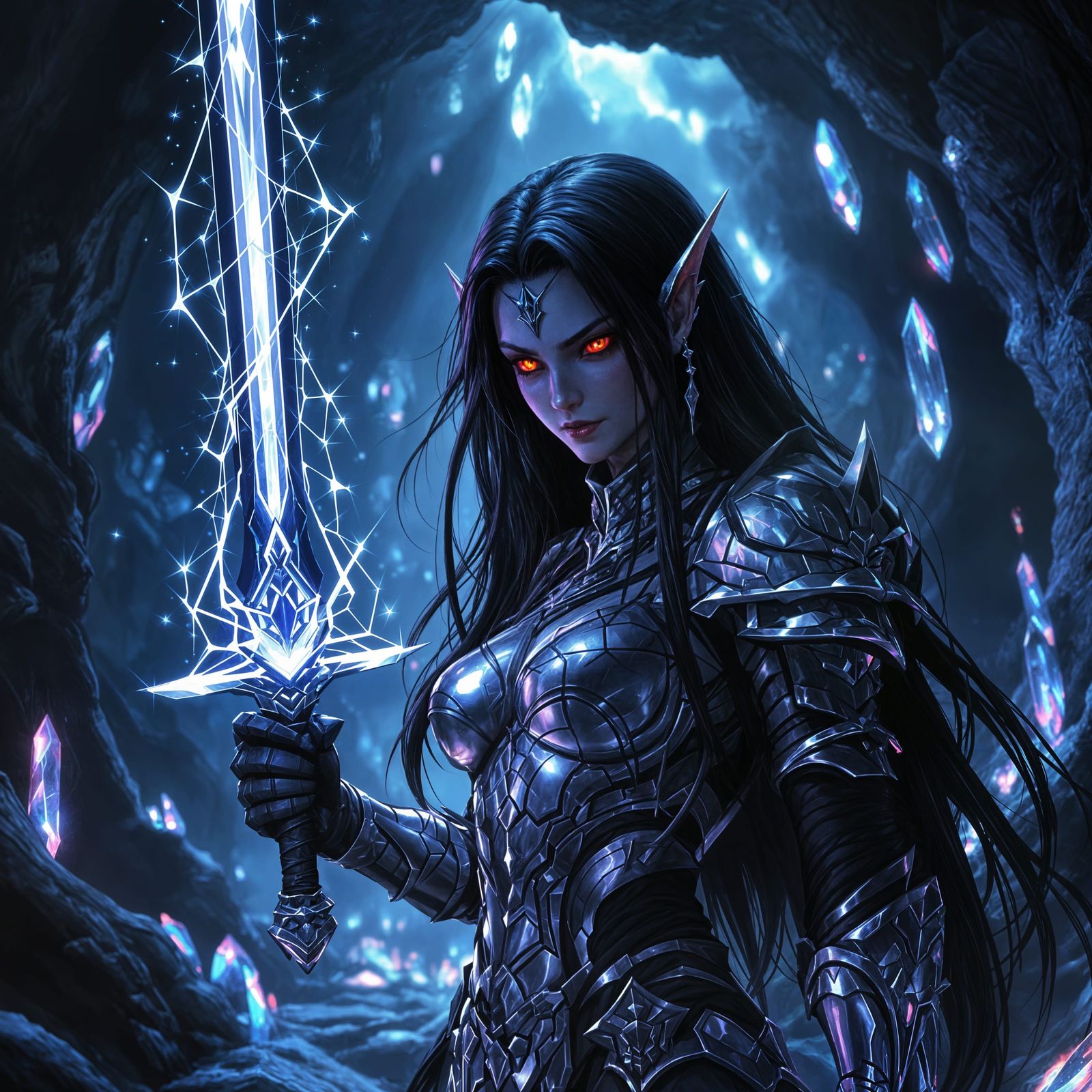 Dark Elf Warrior in Crystal Cave, Cel-Shaded