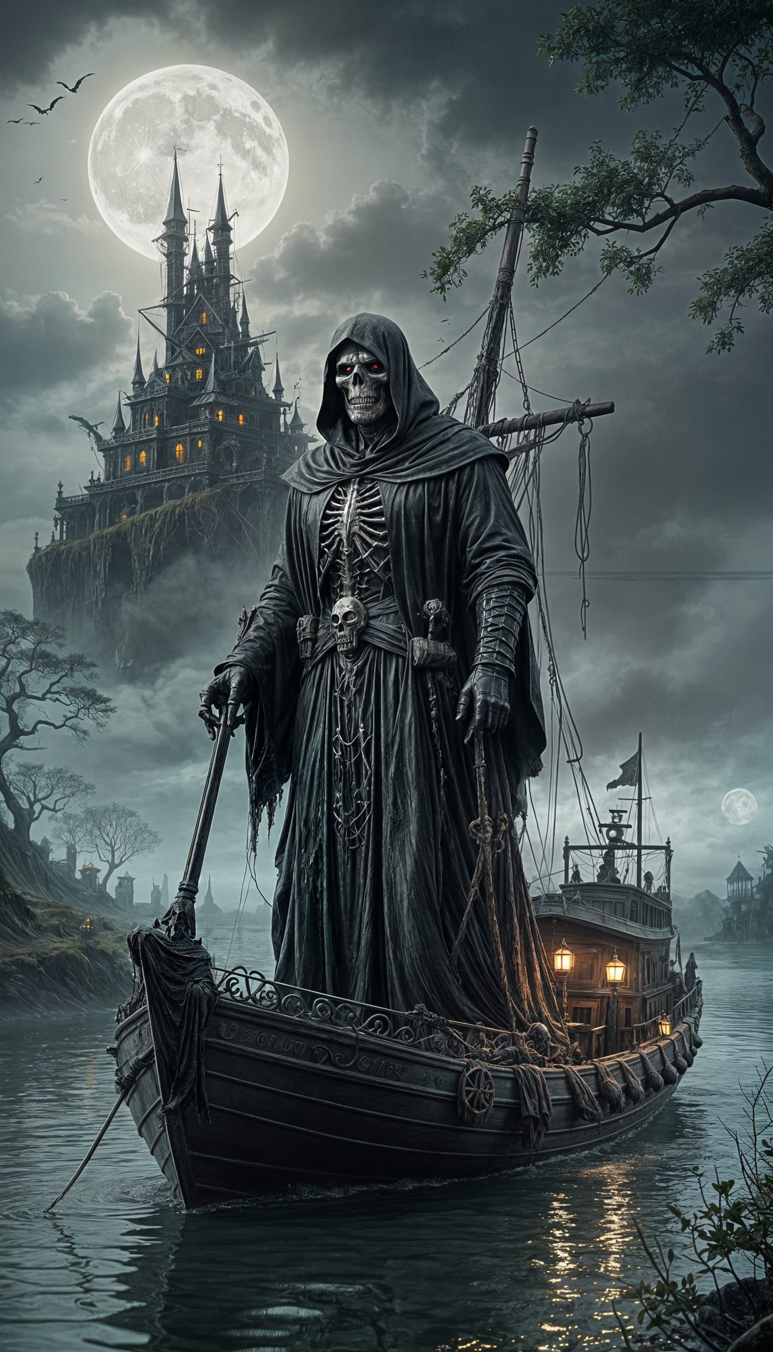 Grim Reaper Adrift in Steampunk Moonscape