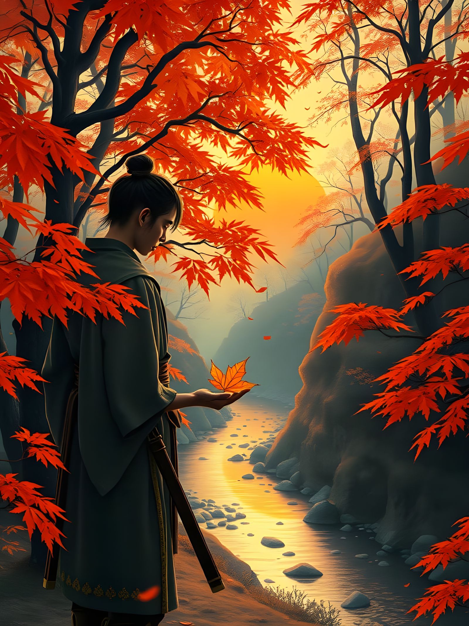 Steampunk Samurai in Autumn Forest Ukiyo-e Style