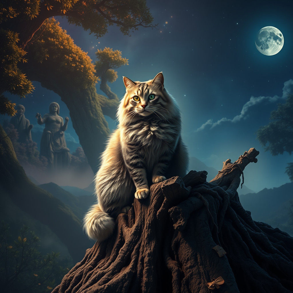 Majestic Cat on Mystical Tree Root in Fantasy Style