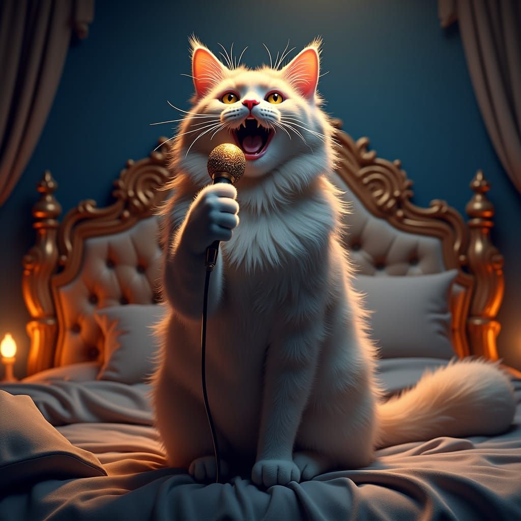 Majestic Cat Singing with Microphone in Dreamlike Realm