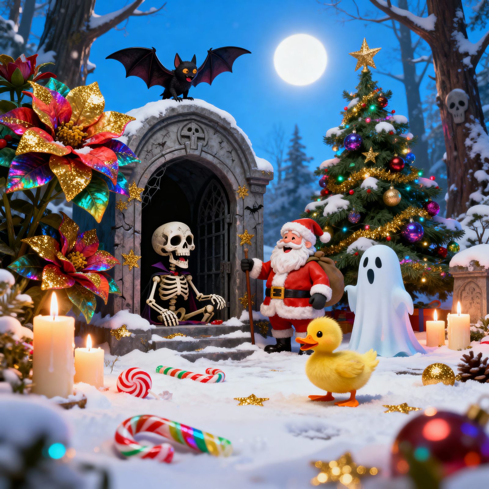 Whimsical Halloween Crypt Christmas Scene with Santa and Fri...