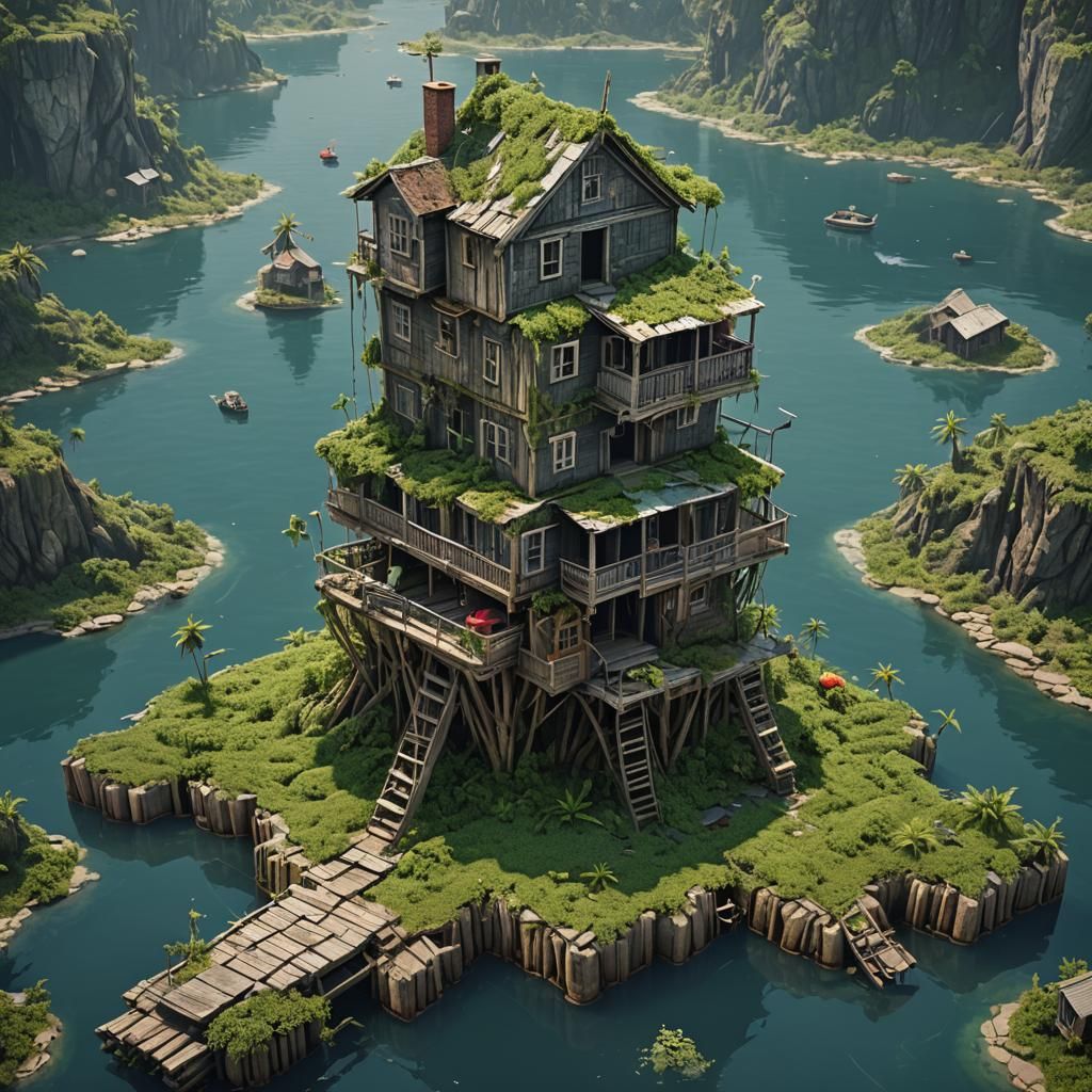 Floating Island Crackhouse: Detailed Matte Painting