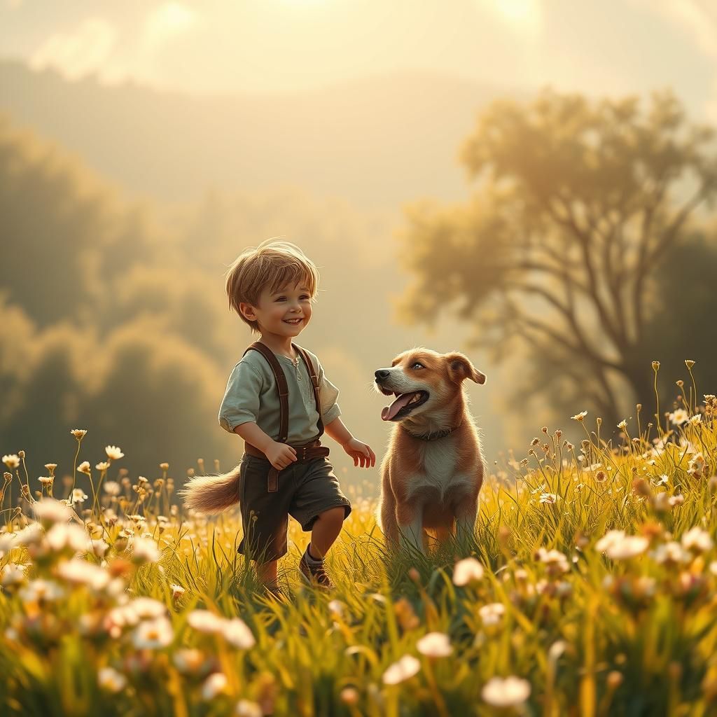 Timeless Meadow: Boy and Dog in Mystical Realm