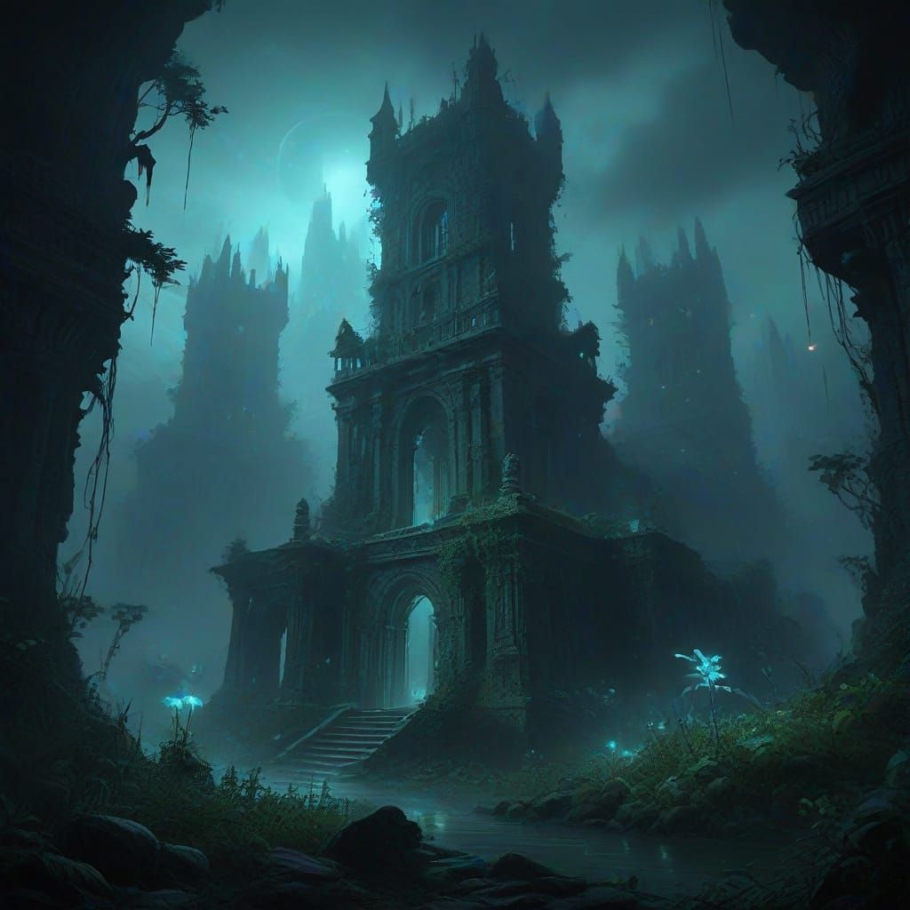 Mystical Foggy City With Bioluminescent Flora