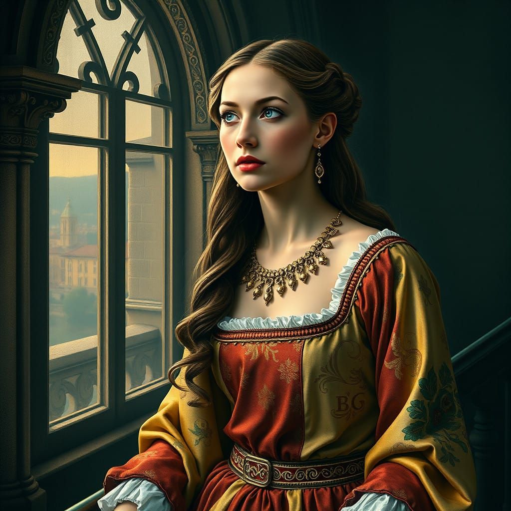 Medieval Noblewoman Descending Palace Stairs in Renaissance...