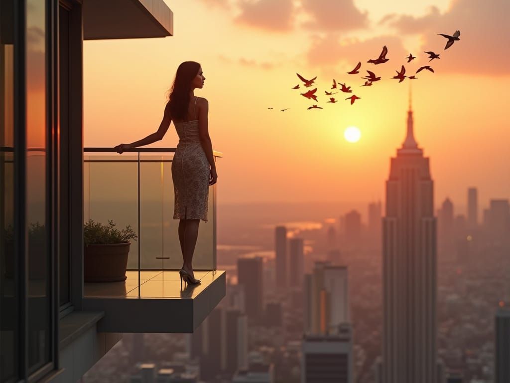 Elegant Woman Silhouetted Against Sunset Skyline