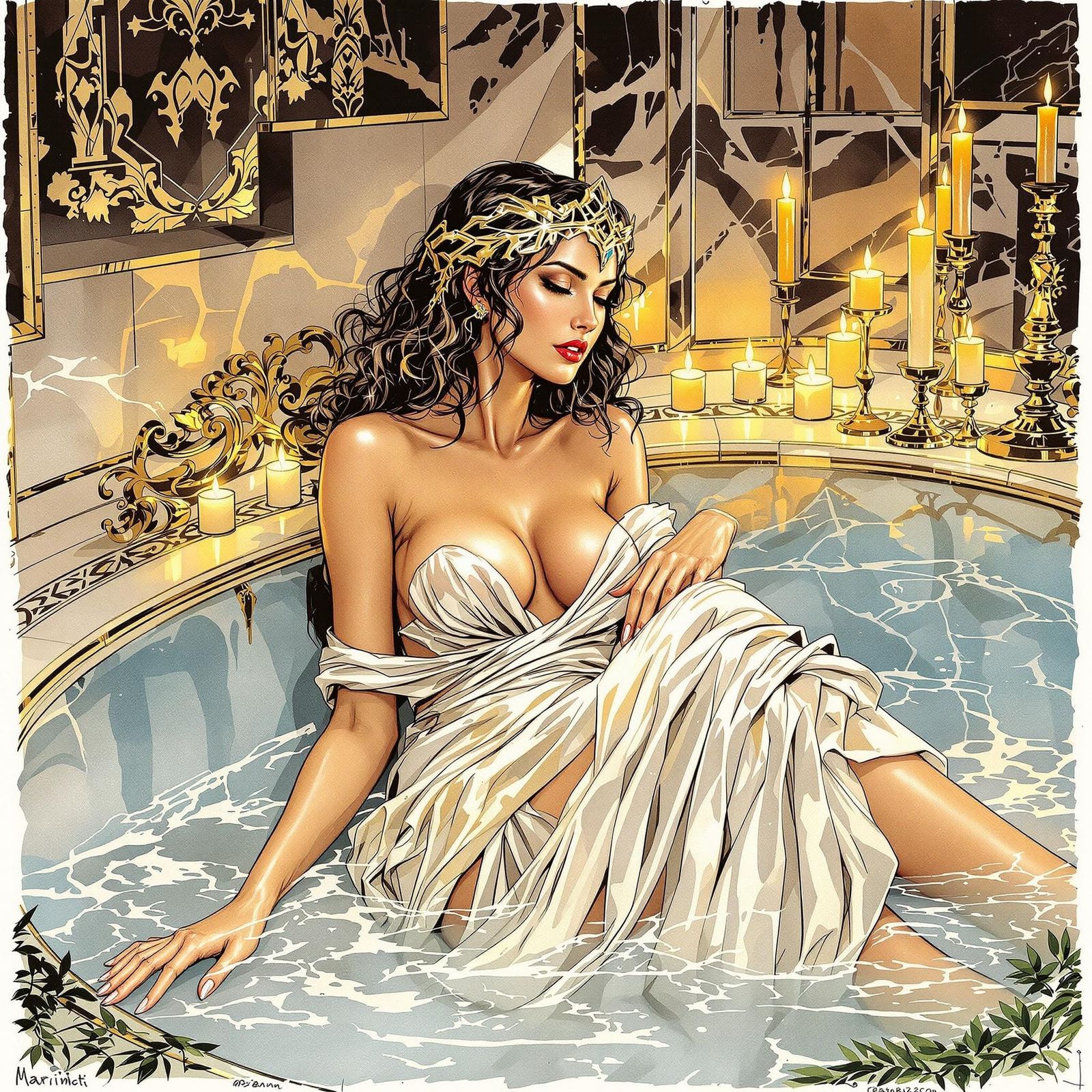 Roman Goddess in Marble Bath, in Comic Book Style