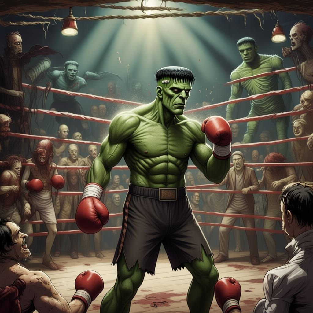 A boxer dressed up as Frankenstein boxing in a ring.