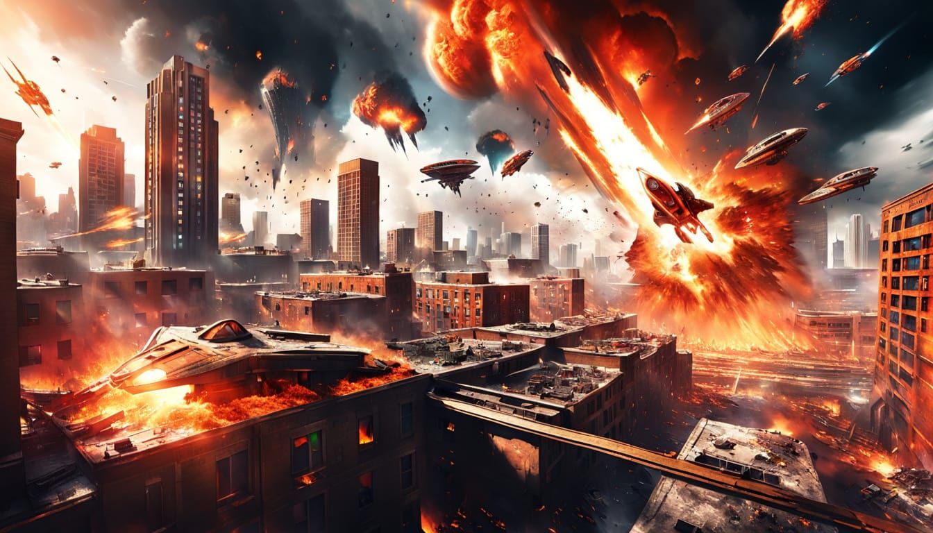 Dramatic Sci-Fi Alien Spaceship Crash in City