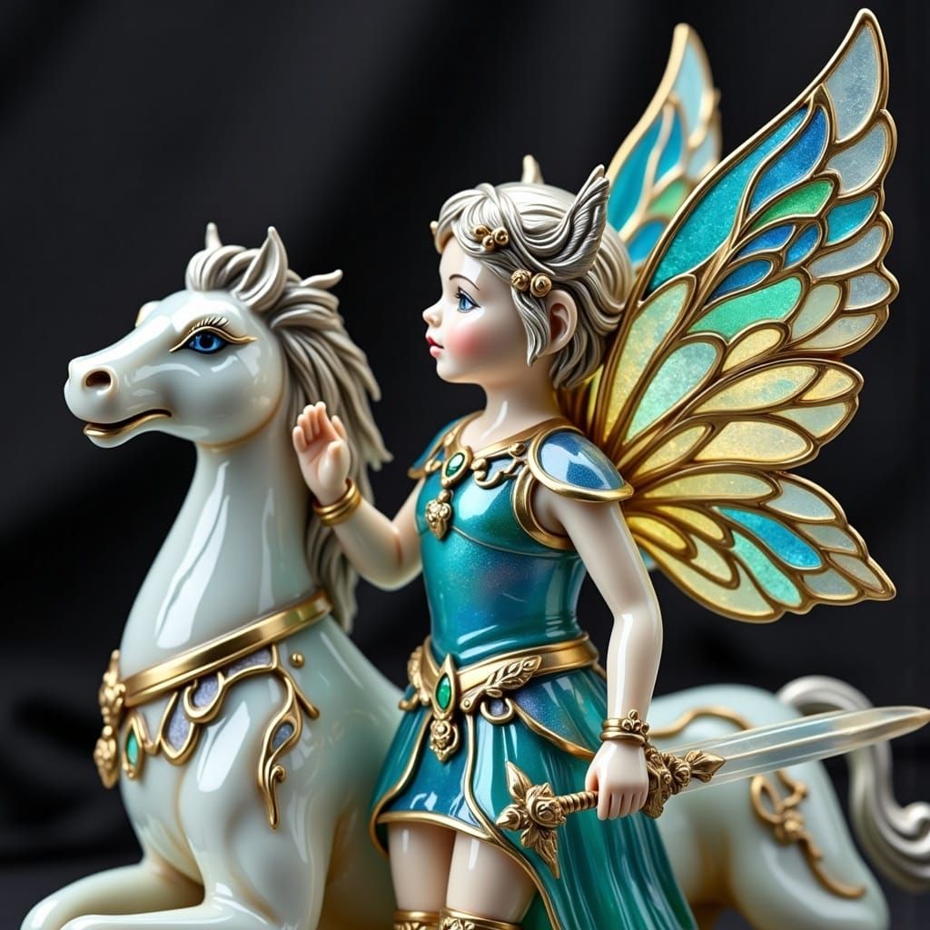 Warrior Fairy Figurine with Pegasus in Watercolor