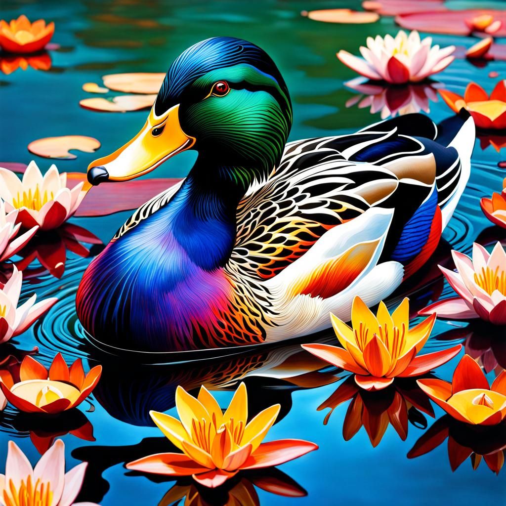 Fantastical Colourful Duck in Marbled Oil Splash