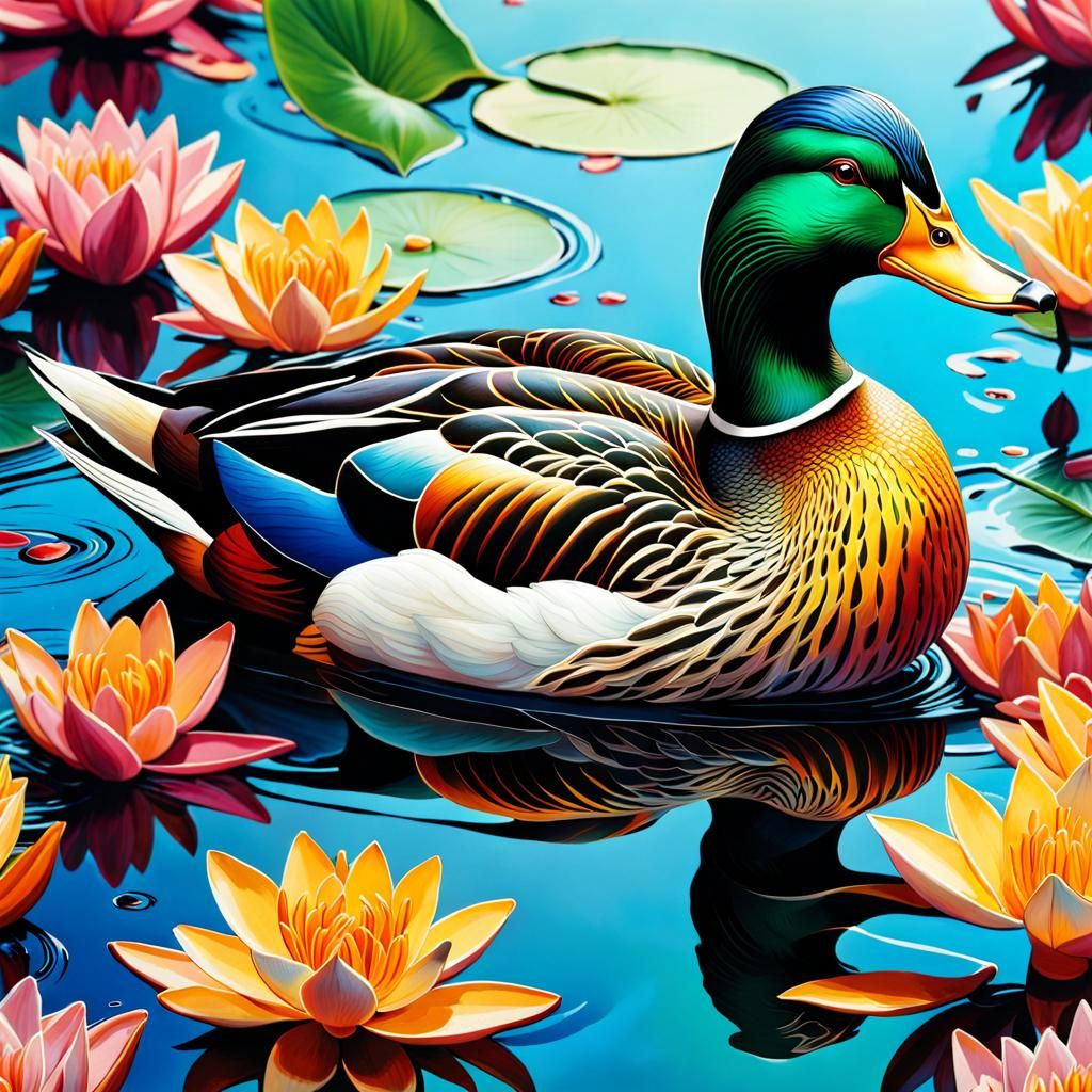 Fantastical Colourful Duck Amongst Lilies in Gouache Style