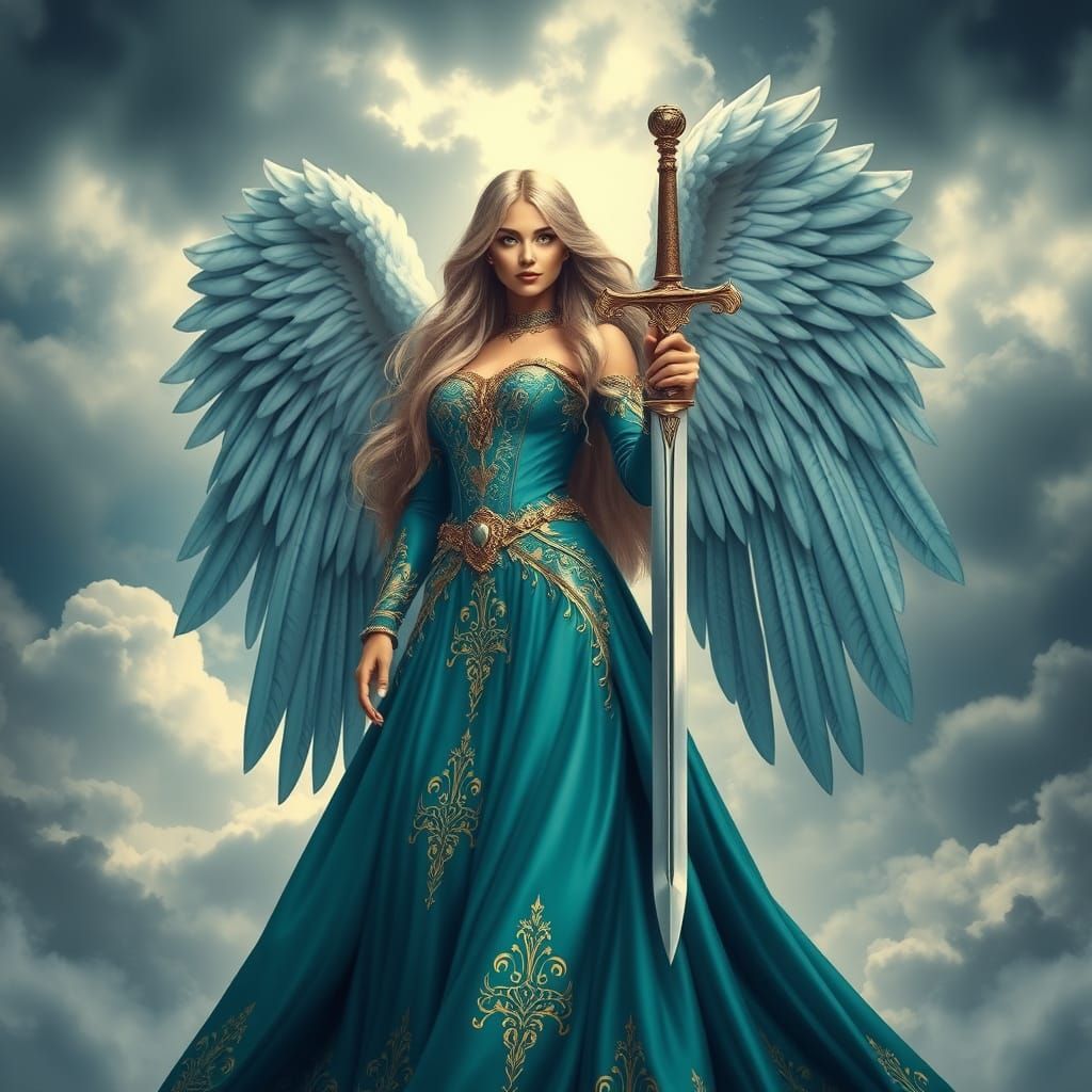 Ethereal Angel in Regal Blue-Green Gown with Golden Accents