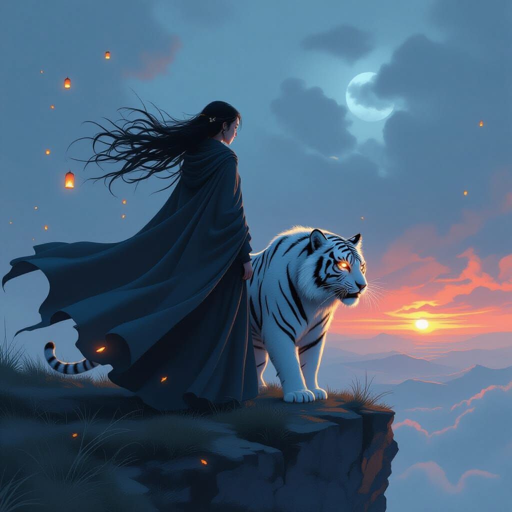 Girl and White Tiger in Stormy Landscape