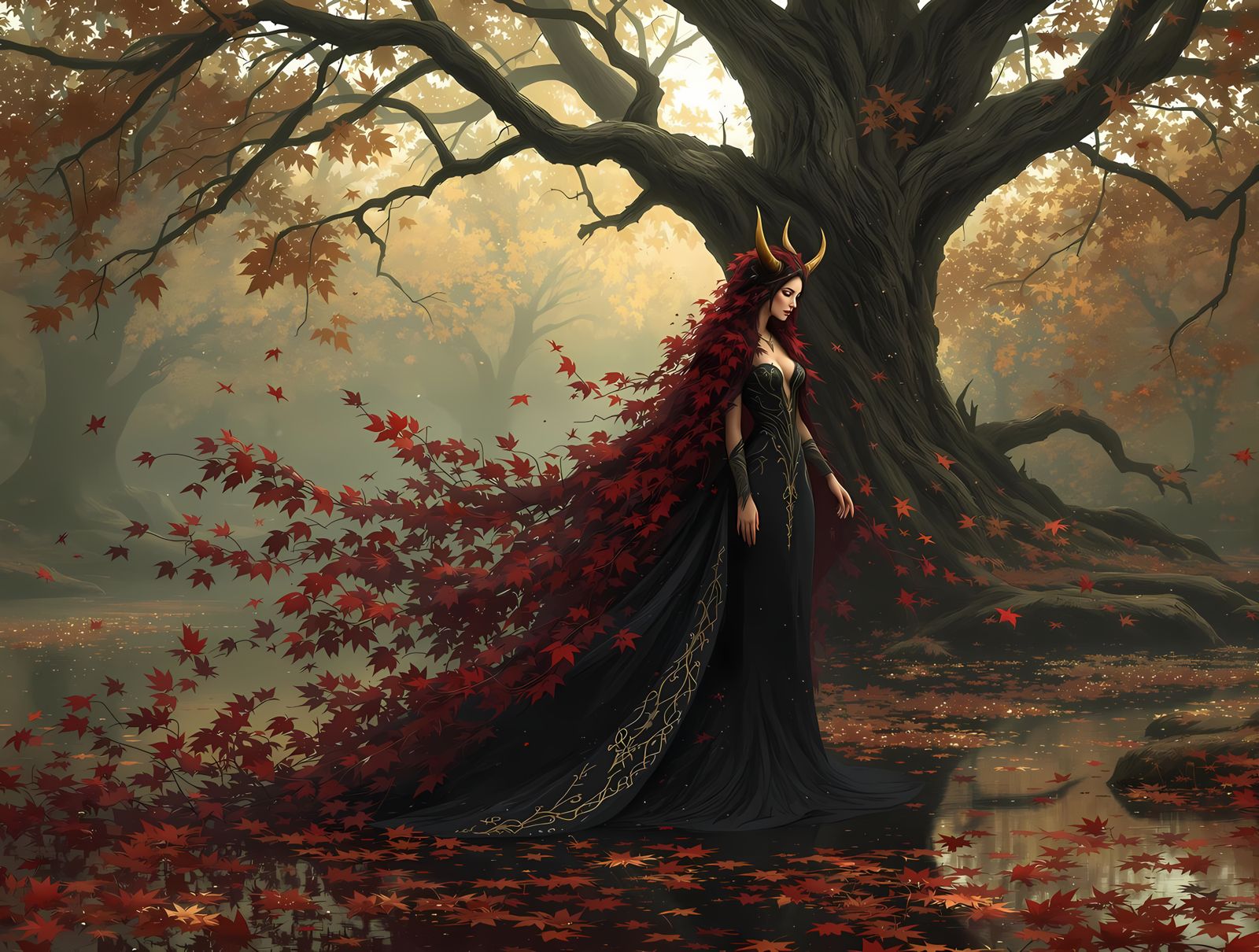 Mystical Woman in Autumn Landscape with Horns and Red Cloak