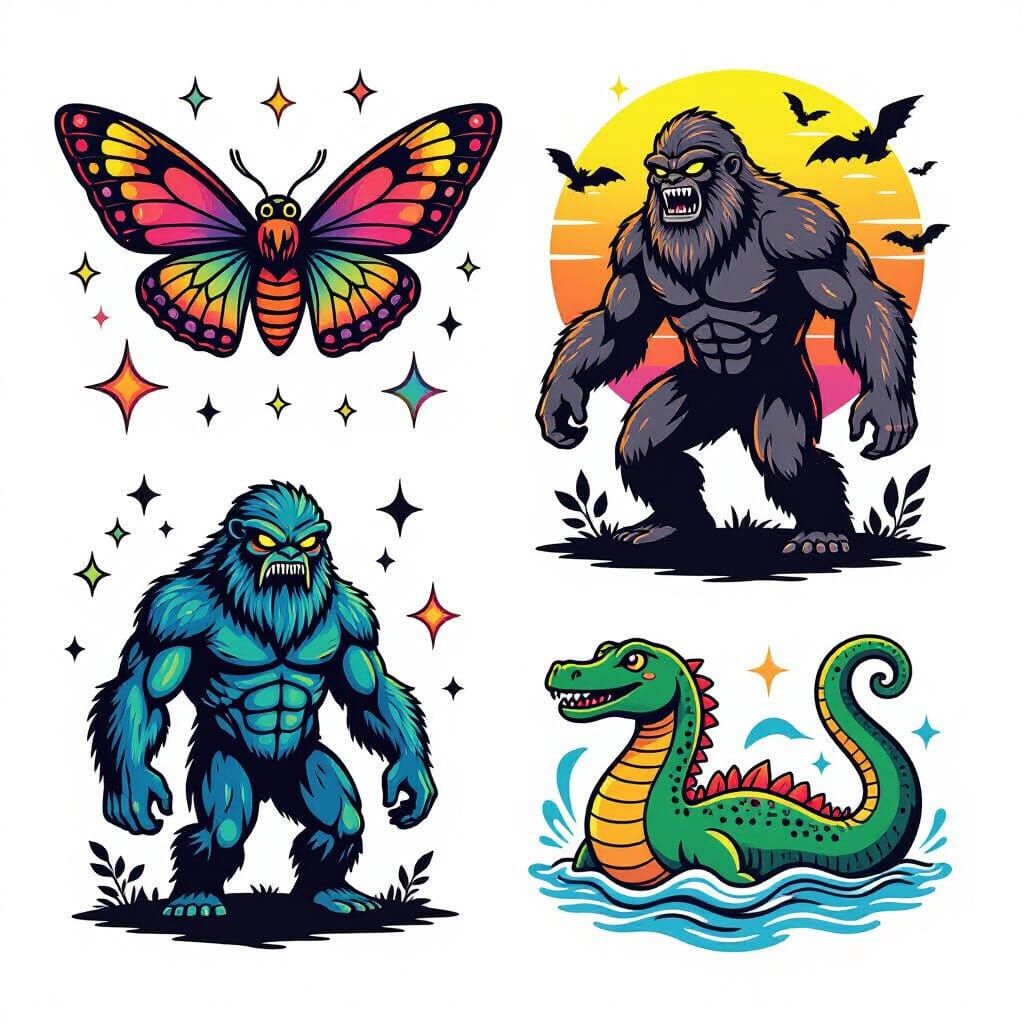 Cryptid Tattoo Flash Sheet in Neon Watercolor Style