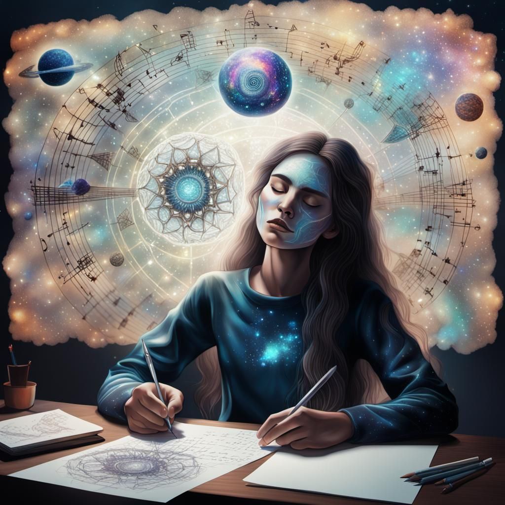 Woman Writing Music in Astral Cosmic Style