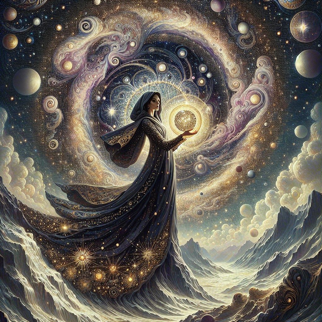 Middle-Eastern Witch Bends Cosmos, Vienna Secession Style