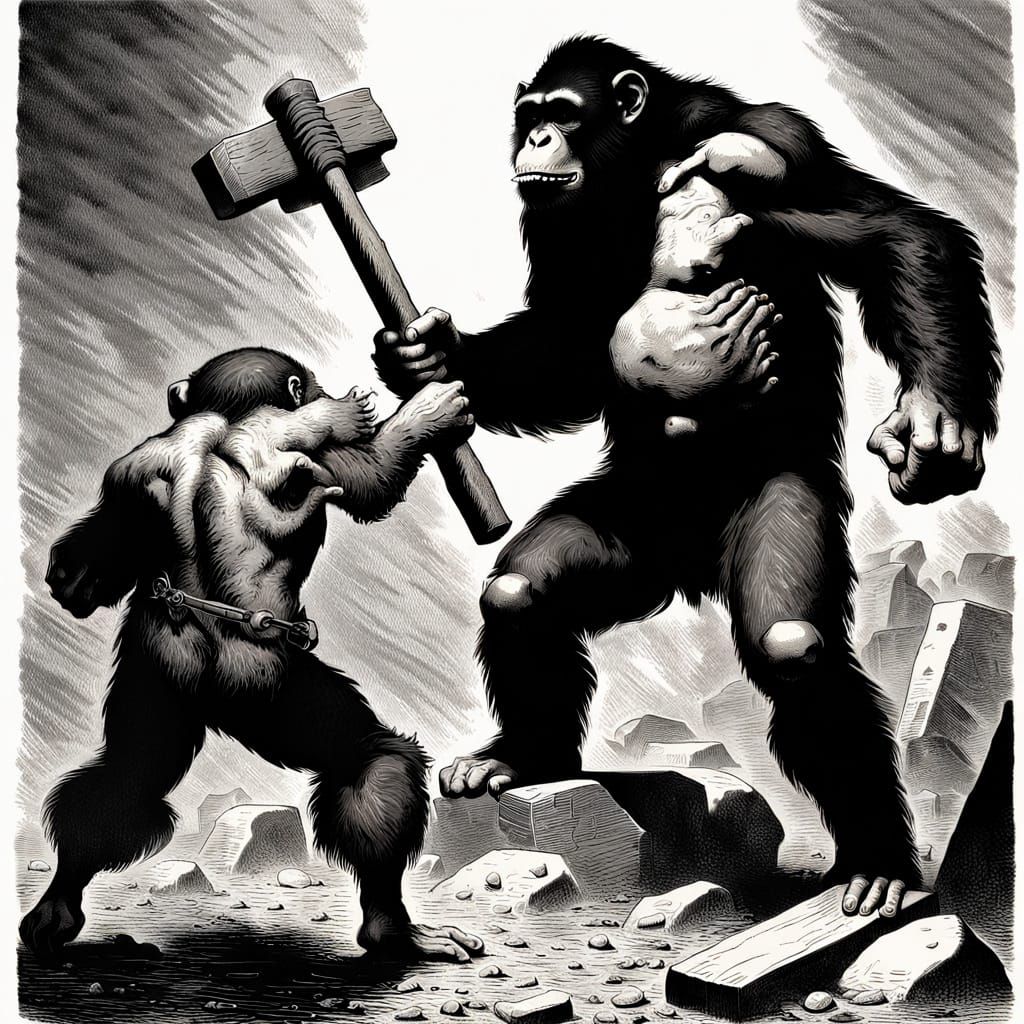 Furious Chimp's Mallet Attack: A Dark Horror Scene