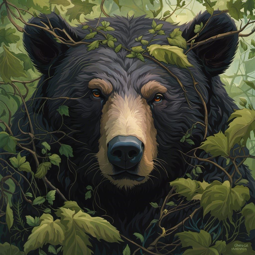 Black Bear Entangled in Vines: Detailed Digital Portrait