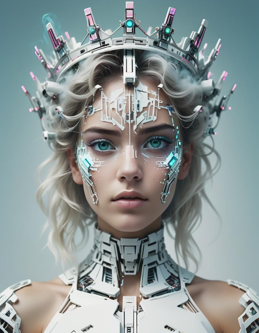 Cyborg Princess Crowned in Digital Vaporwave Smoke