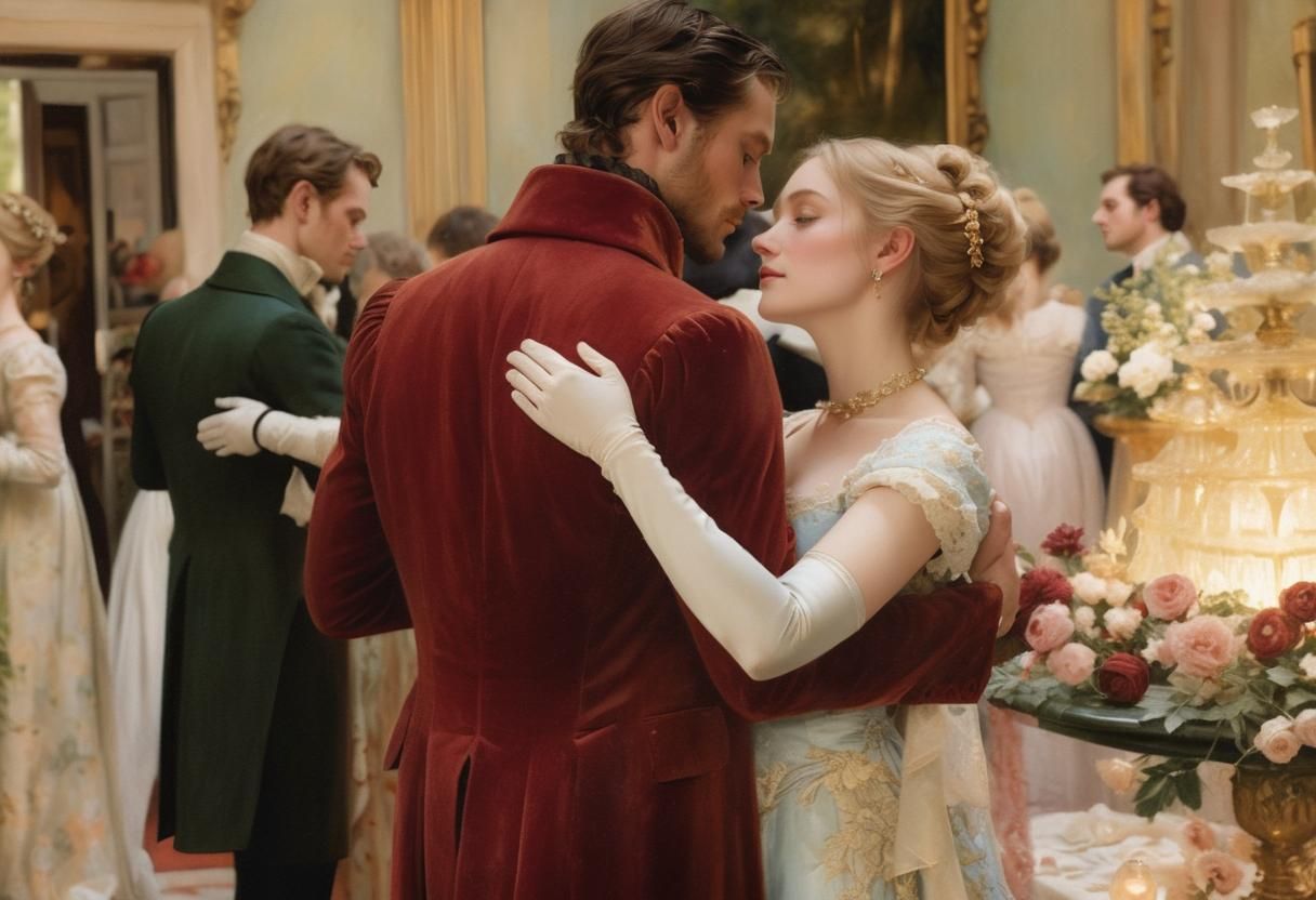 Lovers in a Regency Garden: Romantic Realism Oil Painting