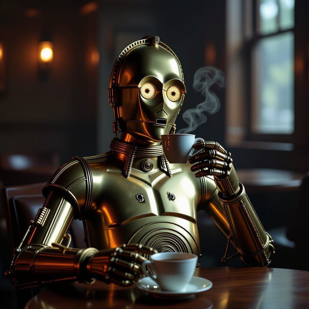 C3PO Sipping Tea: Cinematic 35mm Film Style