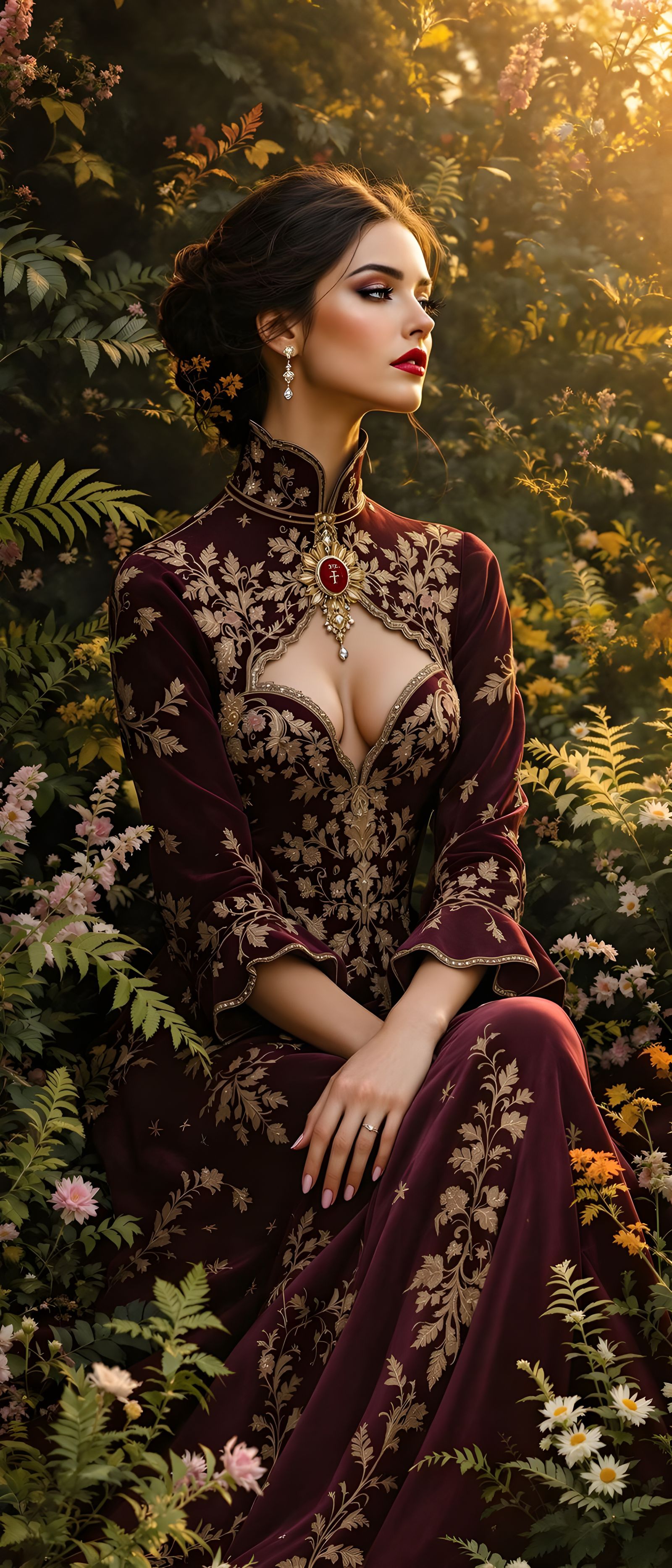 Elegant Woman in Purple and Gold Attire, Surrounded by Lush ...