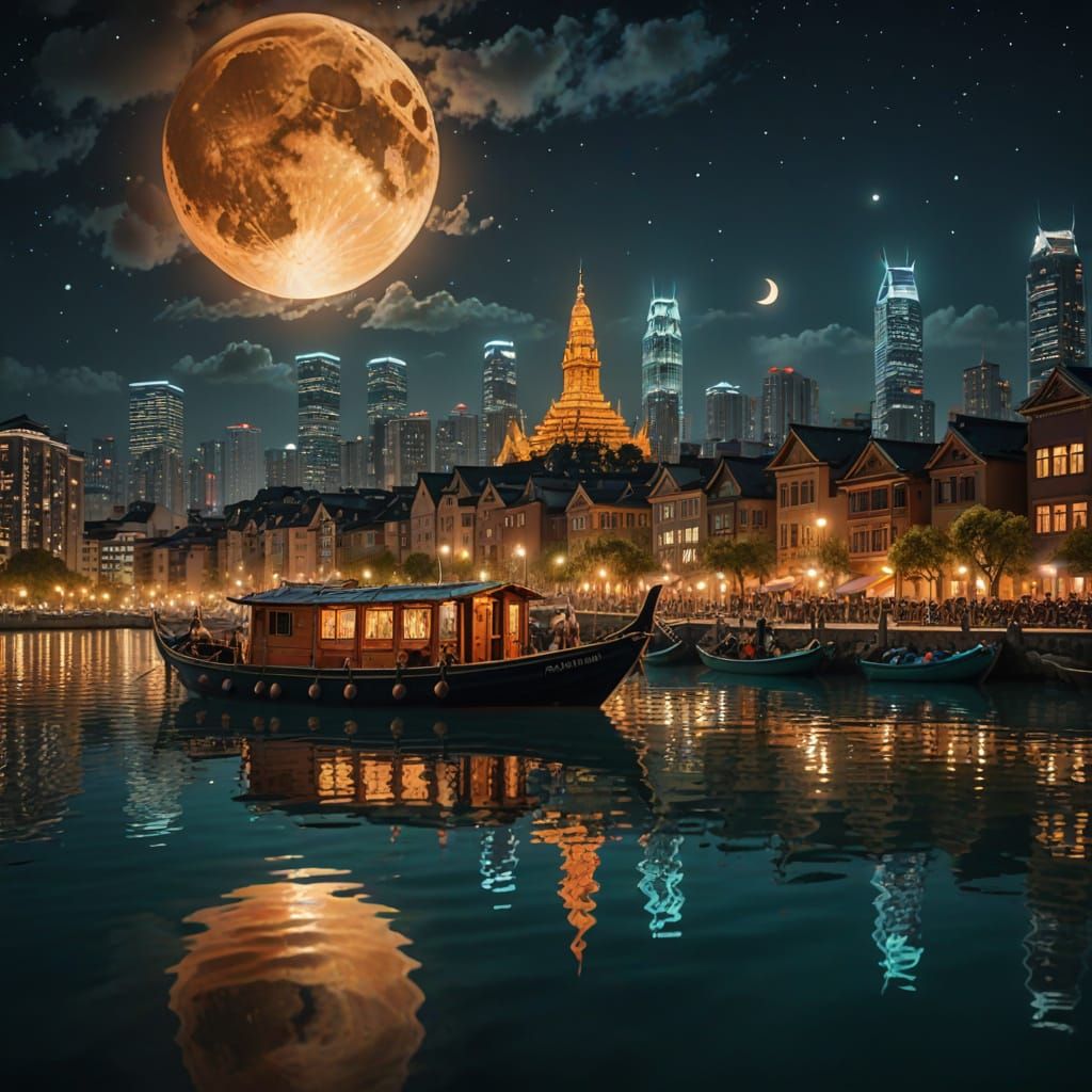 Historic Asian City Night Scene with Fishing Boat