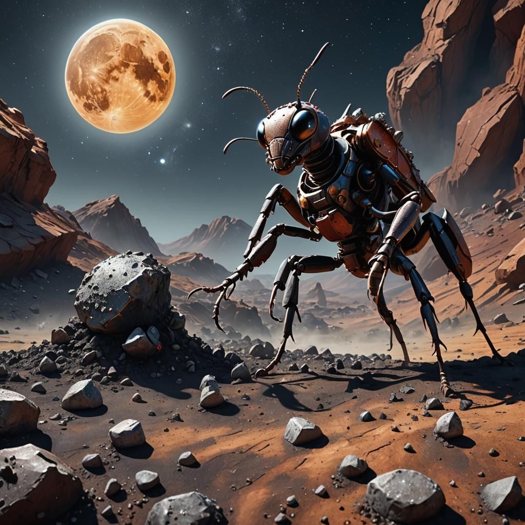 Colossal Ant Mining the Moon in Hyperrealistic Splash Art