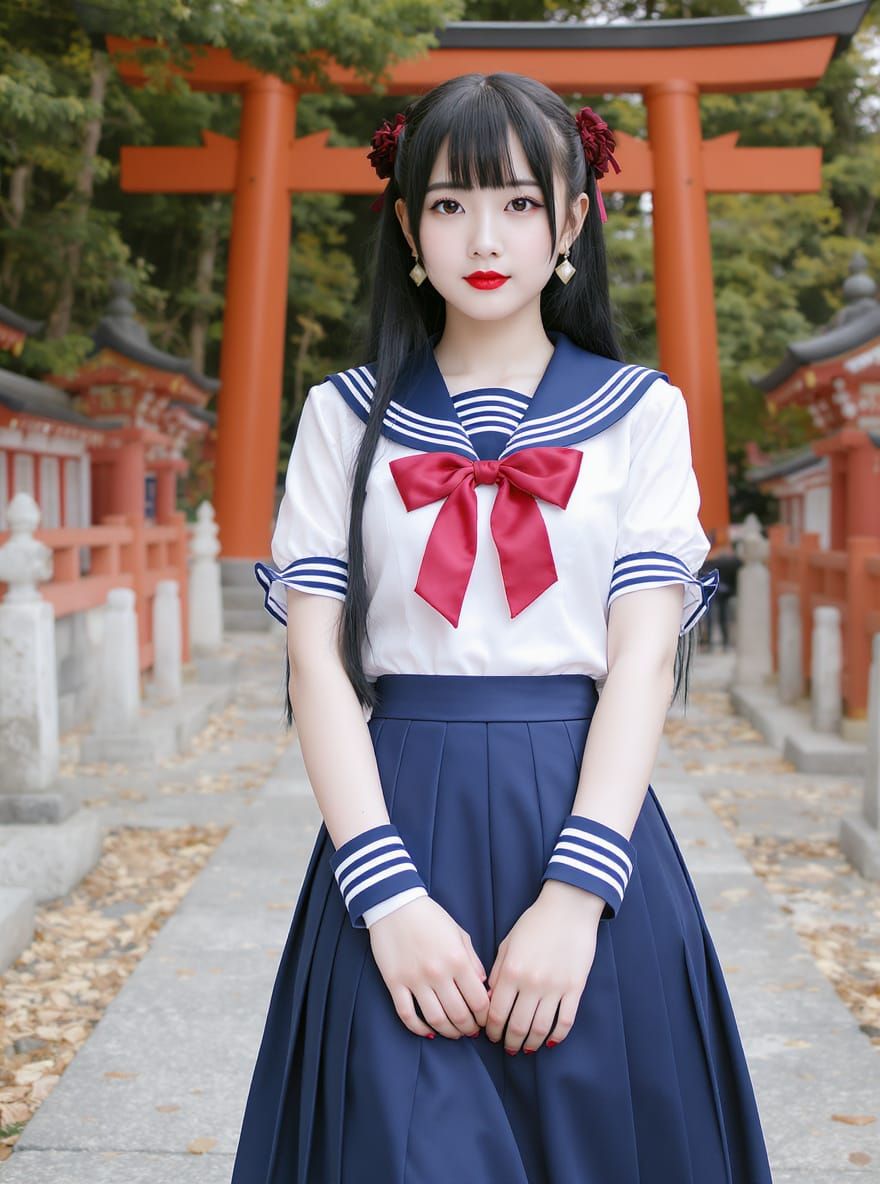 Kaori in Shrine Grounds with Nagoya Collar Sailor Uniform