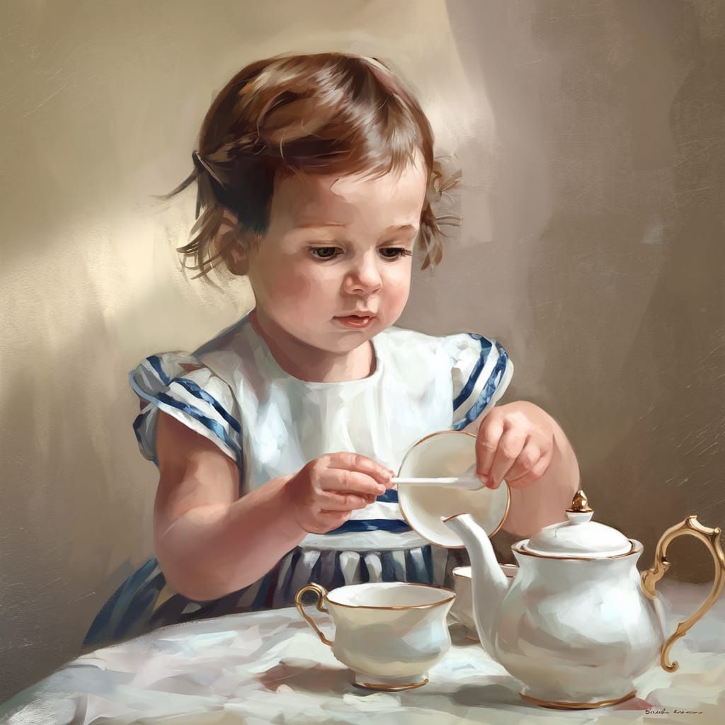 Girl with Tea Set Portrait in Sfumato Style