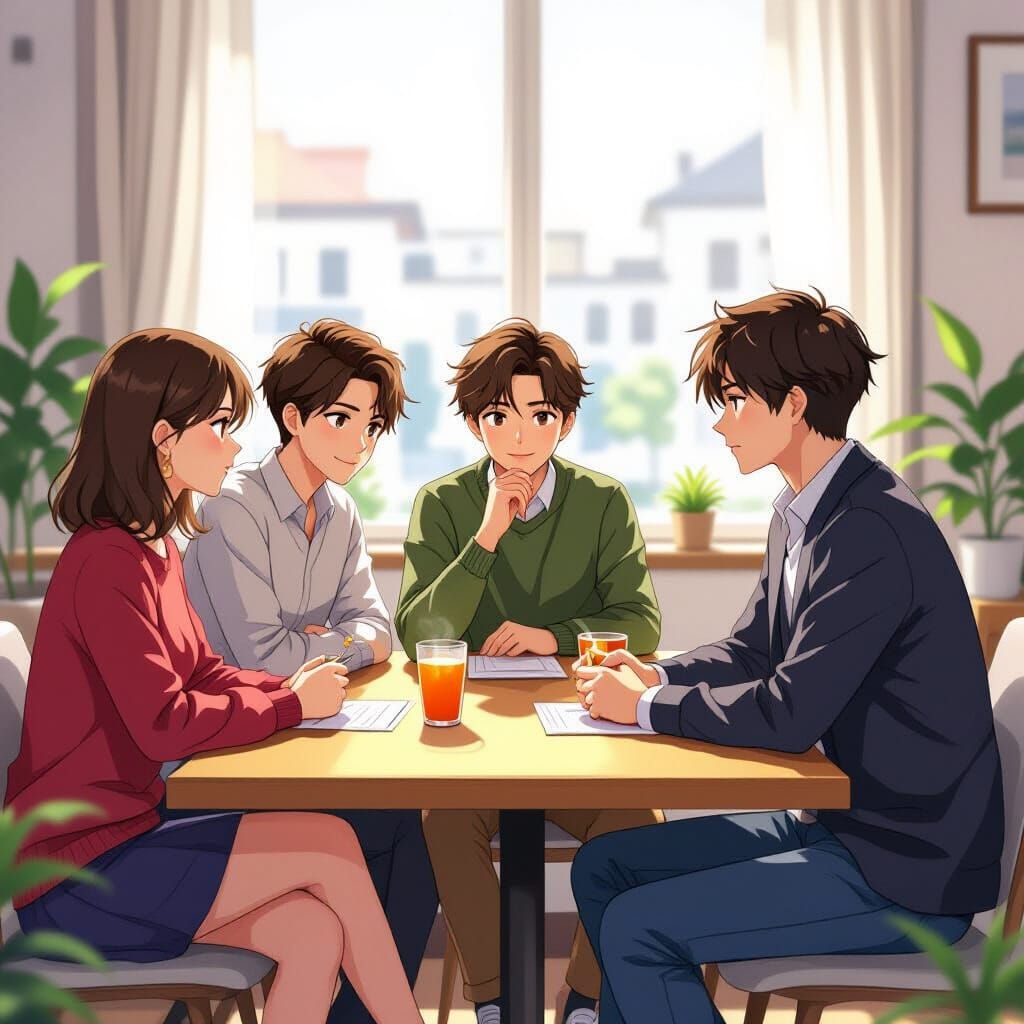 Anime Friends Gathering with Cinematic Lighting