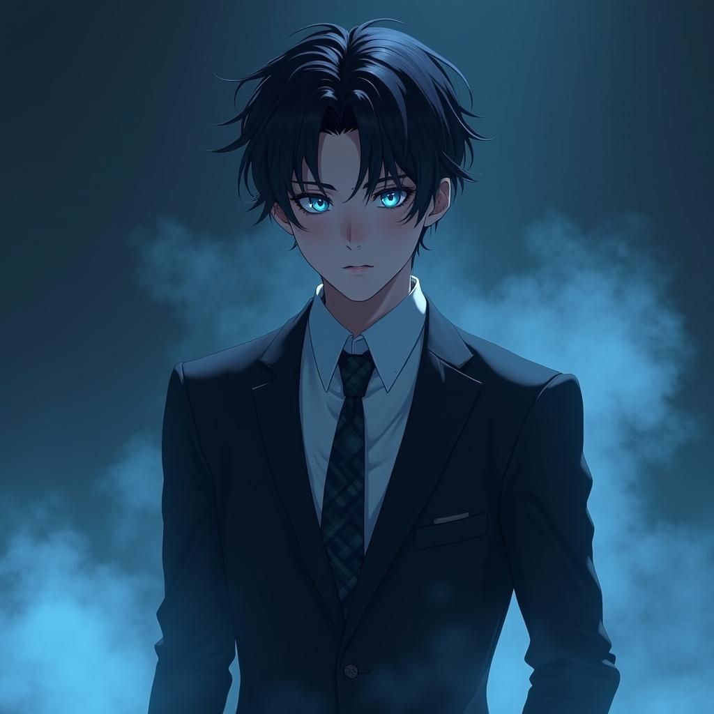 Anime Man with Raven Hair in High-Fashion Suit