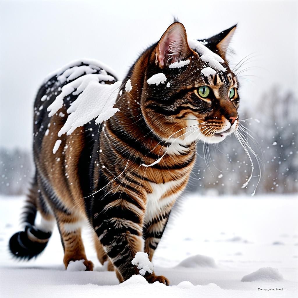 Tabby Cat's Winter Joy: Photorealistic Art Nouveau