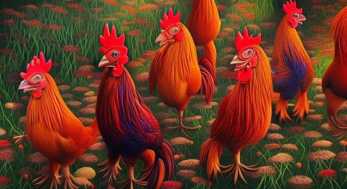 Rooster Grouping in Colorful Fantasy Gouache Style