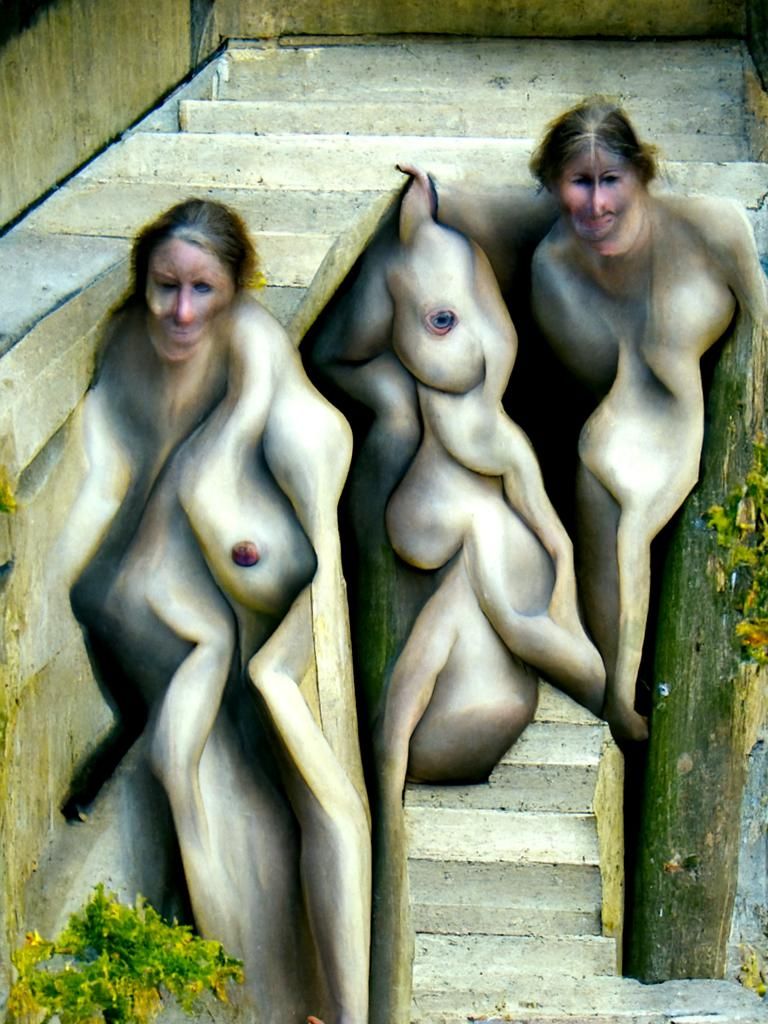Escher-Inspired Surreal Nude Women on Stairs