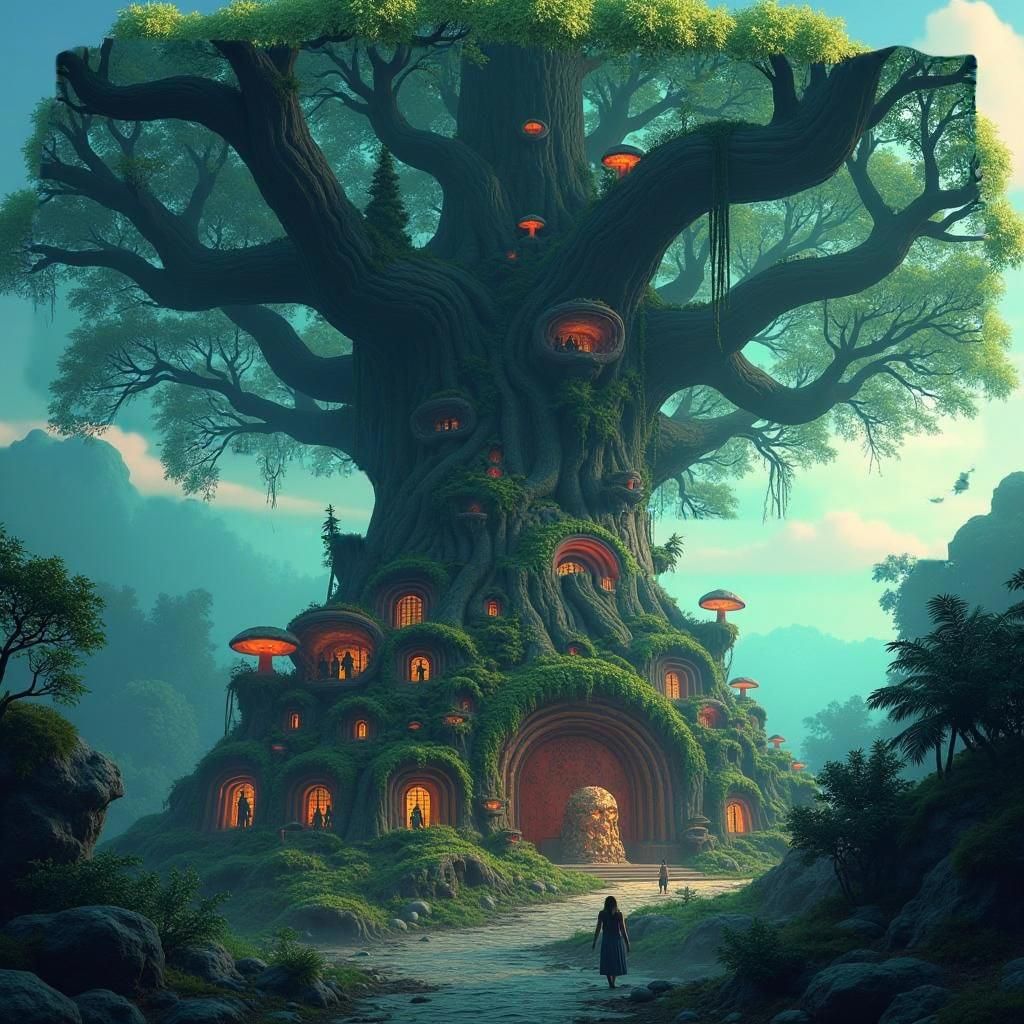 Mayan Amazonian Tree with Town in Fantasy Art