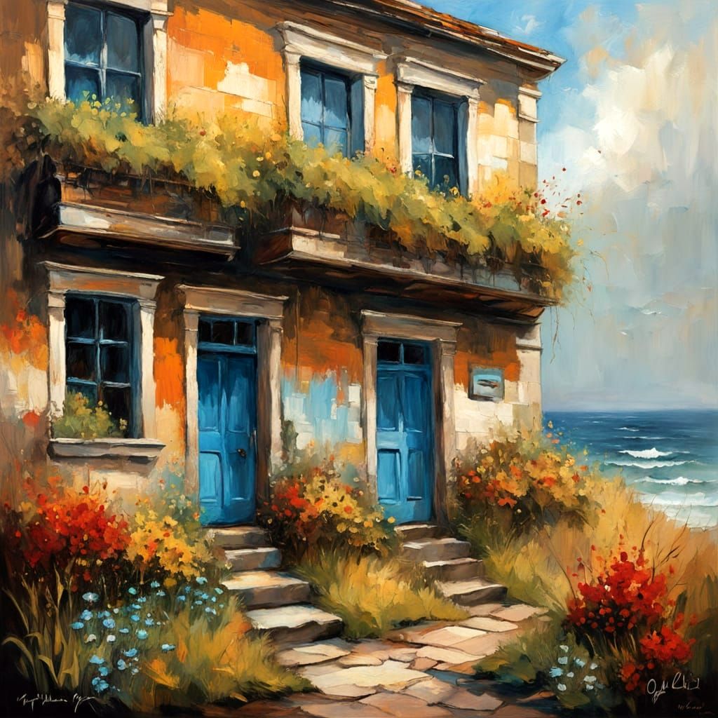 Serenity Along the Weathered Coastline in Impasto Oil Style