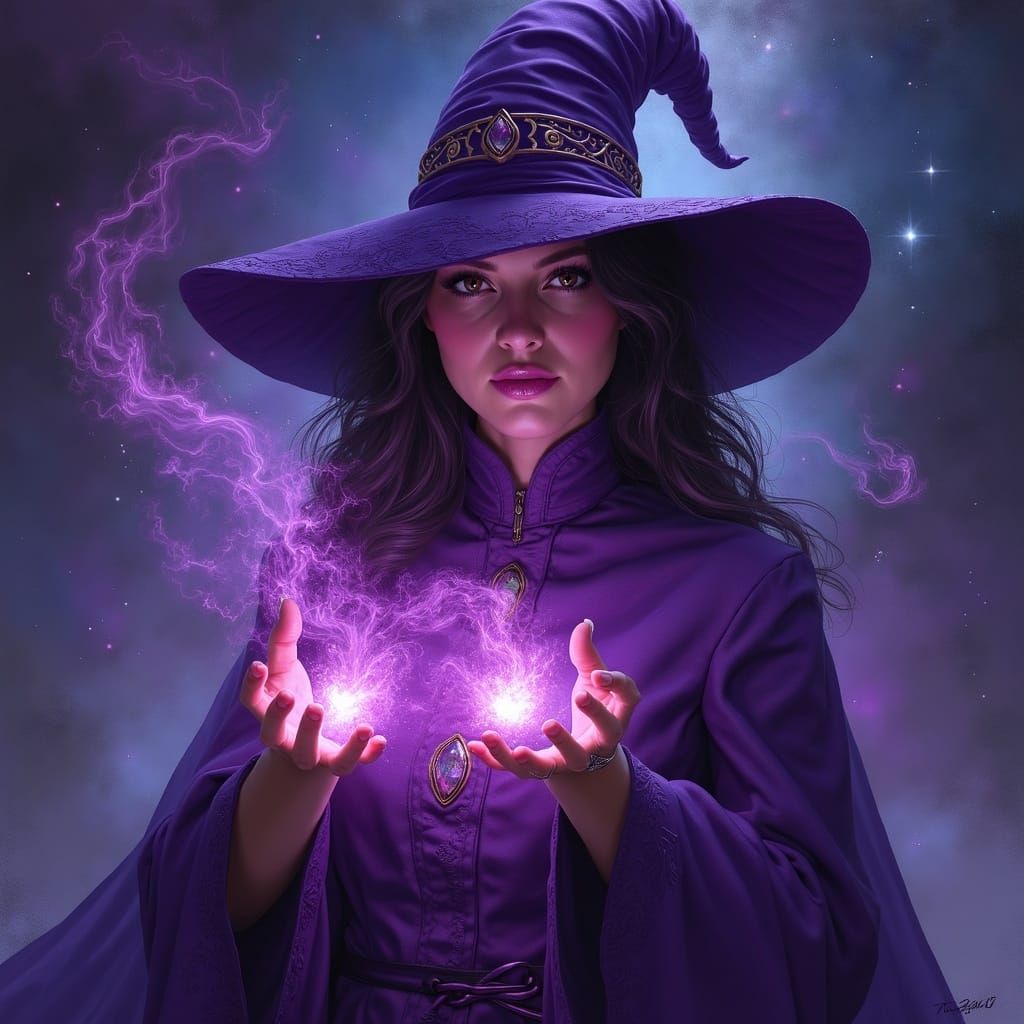 Violet Witch in Purple Costume Amidst Cosmic Nebulae