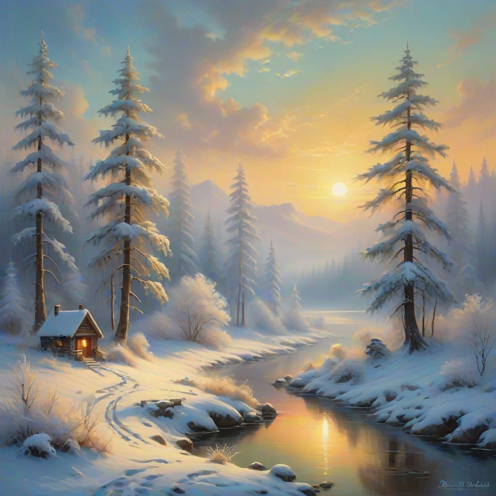 Mystical Winter Landscape with Aurora Borealis