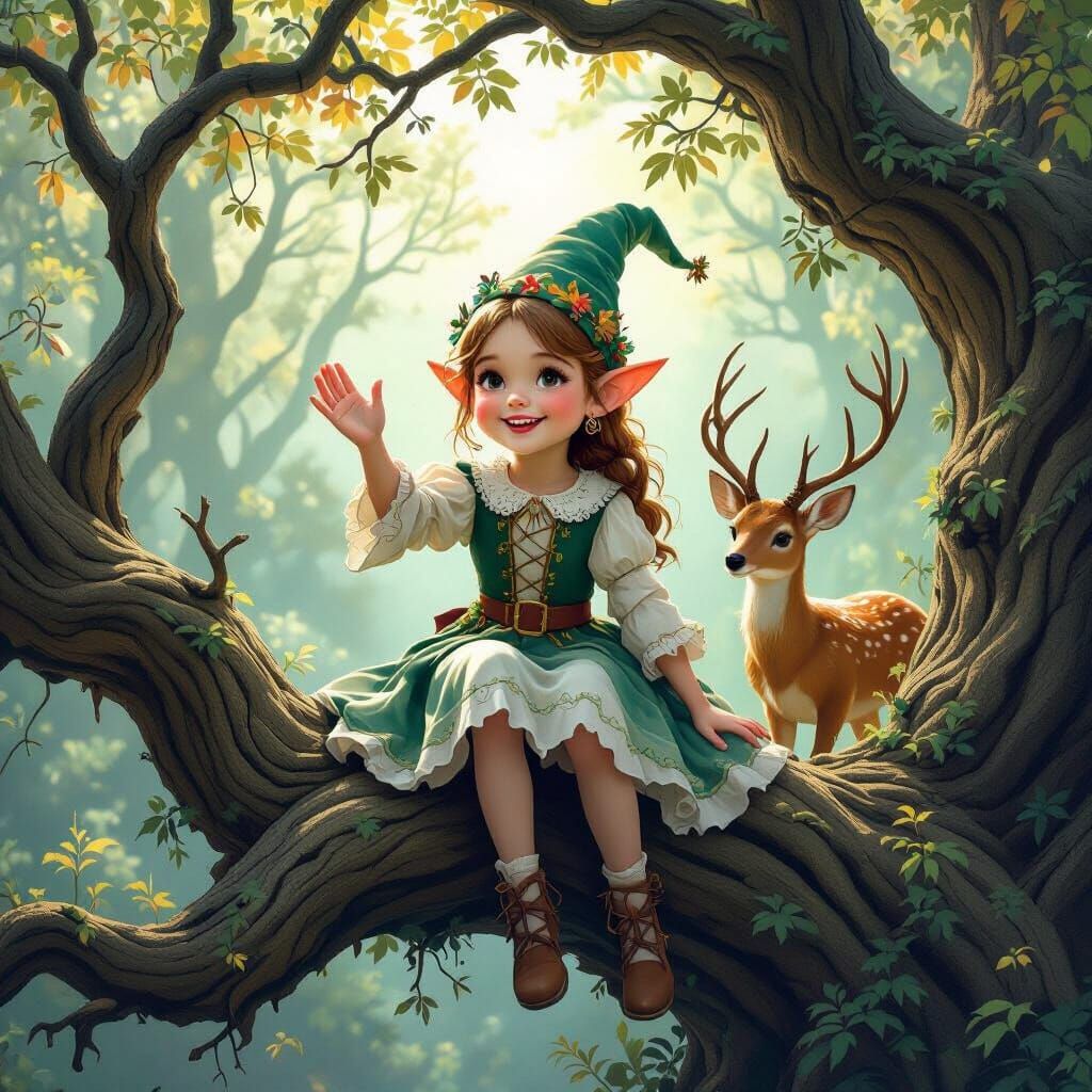 Whimsical Elf Girl in Forest Matte Painting