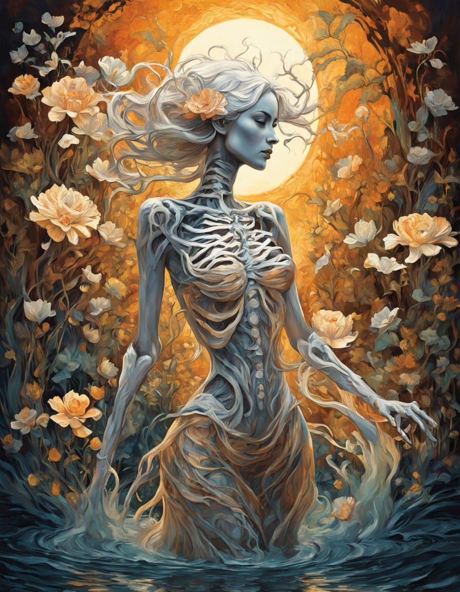 Ethereal Skeleton Woman in Art Nouveau Garden
