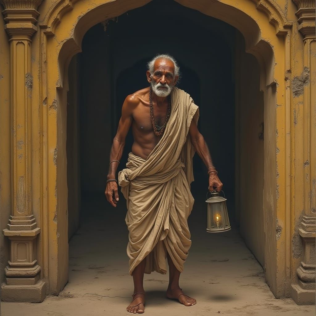 Elderly Man with Lantern in Raja Ravi Varma Style