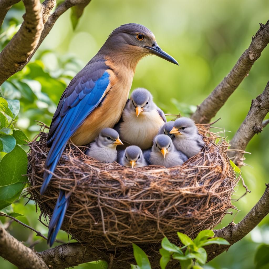 Beautiful momma bird in her gorgeous nest with her babies,  garden background