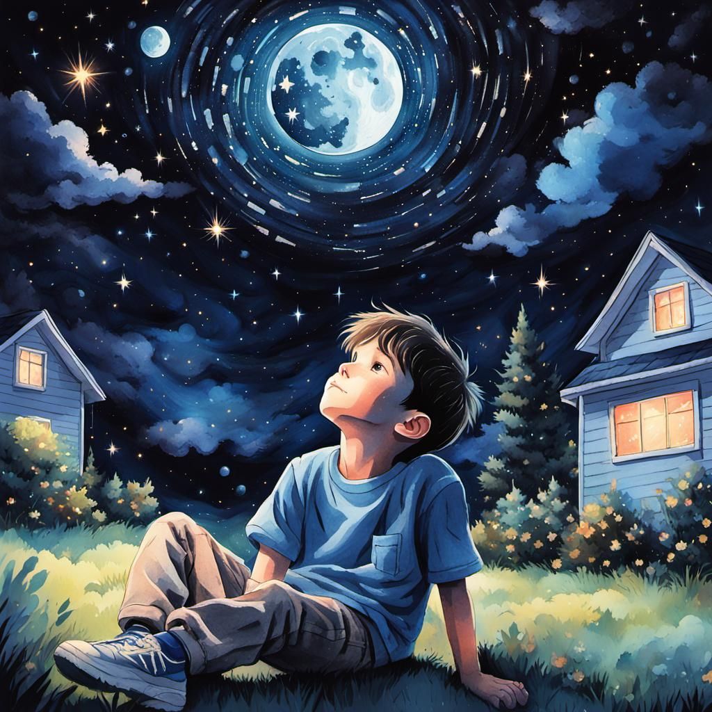 Boy Gazing at Starry Night Sky in Anime Art