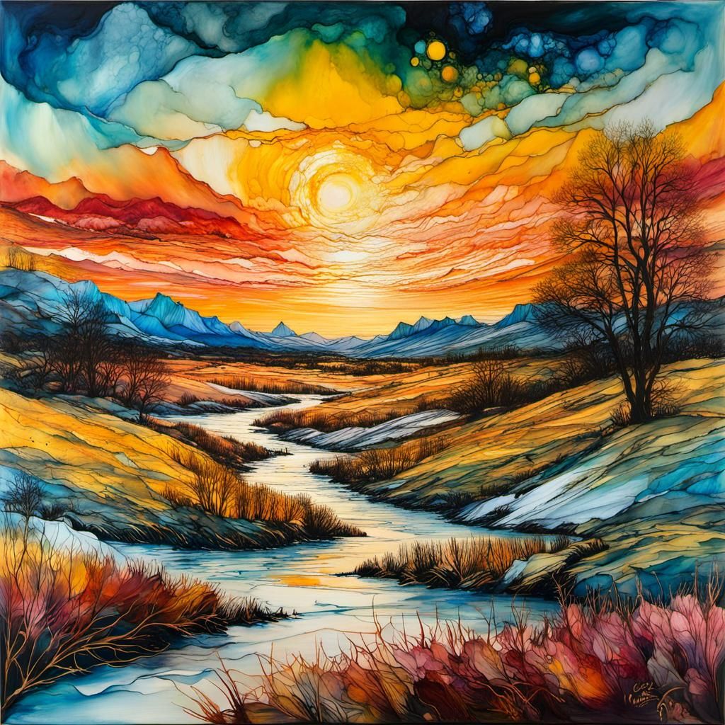 Chaotic Encaustic Sunset Over Frozen Spring Landscape