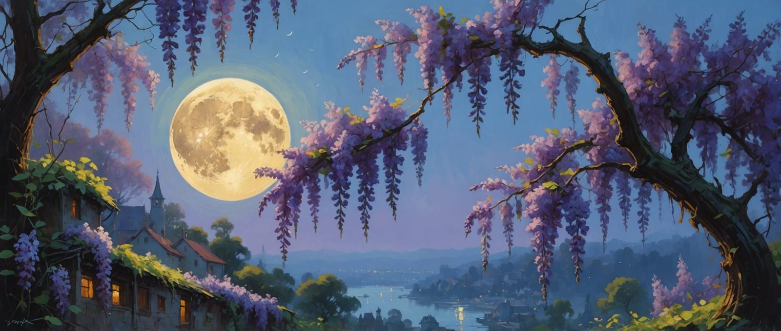 Wisteria Moonscape in Impressionistic Style