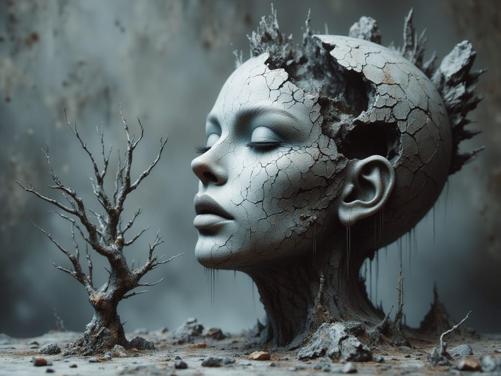 <lora:-Omnious-:1.0> <lora:Ink Poet:1.0> A stylized, three-quarter view of a head sculpture.